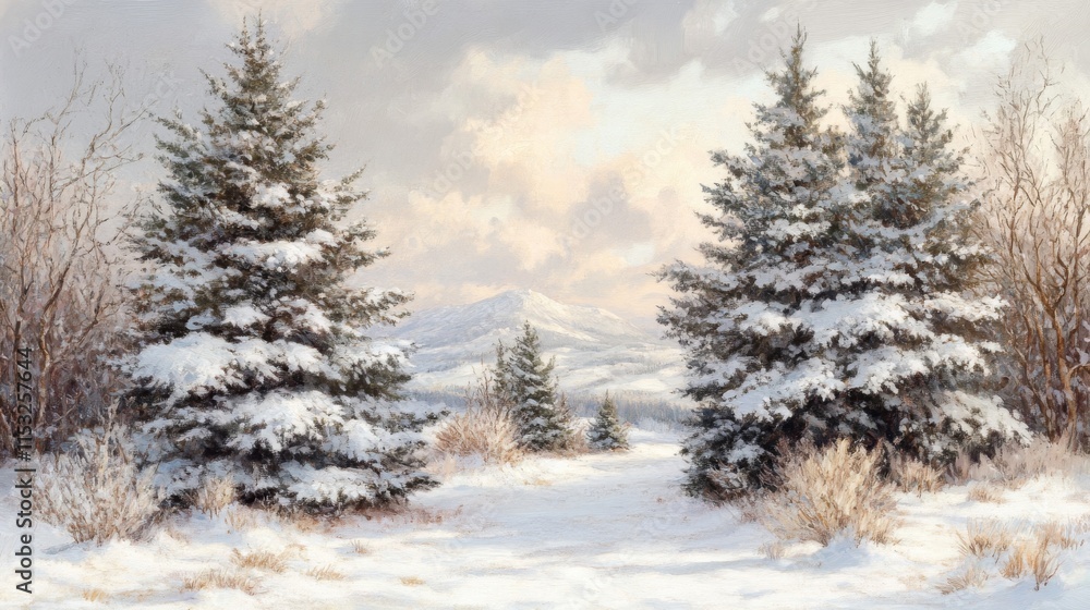 Snow Covered Evergreens and Mountain View Winter Landscape Snow Covered Evergreens and Mountain View Winter Landscape
