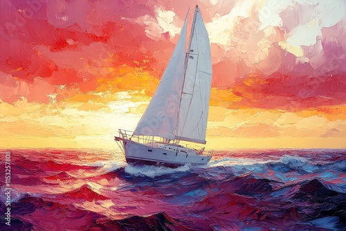 A serene sailing scene featuring a white sailboat gliding across vibrant, colorful waves during a sunset.