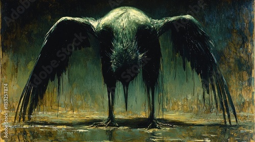 A dark and ominous painting of a large bird with drooping wings standing in shallow water. Ideal for album covers book covers or gothic-themed designs. photo