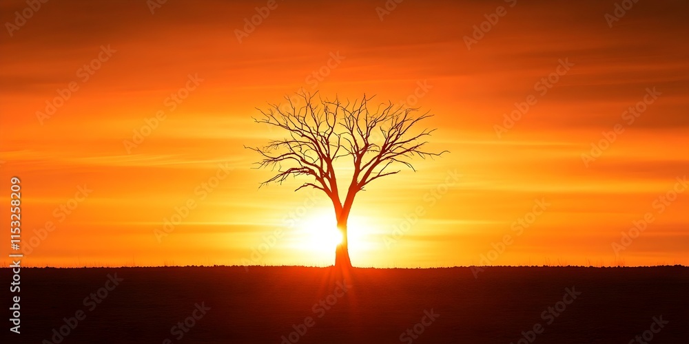A silhouetted tree stands against a vibrant sunset, with the sun setting behind it, casting warm hues across the sky. Concept Nature Photography, Silhouetted Trees, Vibrant Sunsets, Warm Hues A silhouetted tree stands against a vibrant sunset, with the sun setting behind it, casting warm hues across the sky. Concept Nature Photography, Silhouetted Trees, Vibrant Sunsets, Warm Hues