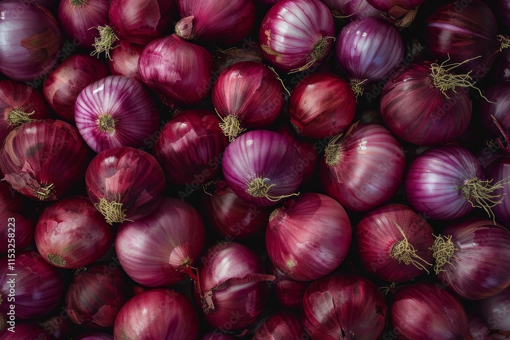 Close up view of numerous red onions, creating a rich tapestry of color and texture, ideal for culinary uses