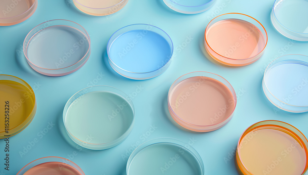 Petri dishes with different colorful samples on table, toned in blue Petri dishes with different colorful samples on table, toned in blue