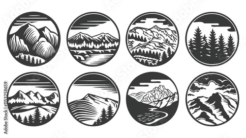 Circular mountain landscape logo set photo