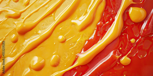 A vibrant abstract art piece created by the playful interplay of ketchup and mustard, showcasing their contrasting colors and textures photo