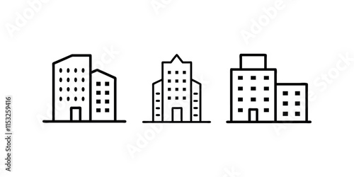 Simple Line Art Illustration of Modern Office Buildings. Building icon set in line black flat house, office, bank, school, hotel, shop, university, city, real estate and hospital symbol.