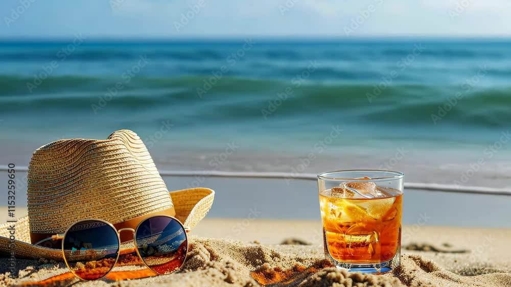 A Relaxing Beach Setting With a Straw Hat, Sunglasses, and a Cocktail on Sandy Shore Under a Clear Blue Sky in Summer