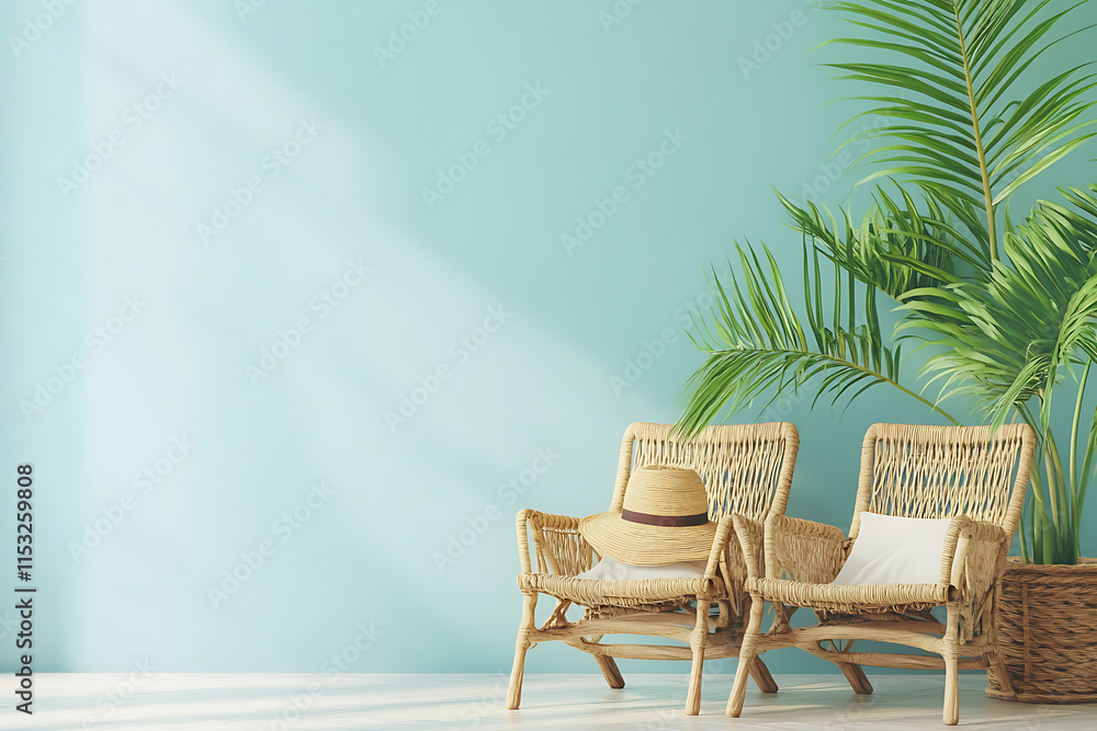 Tropical Interior Design with Wicker Chairs and Palm Trees
