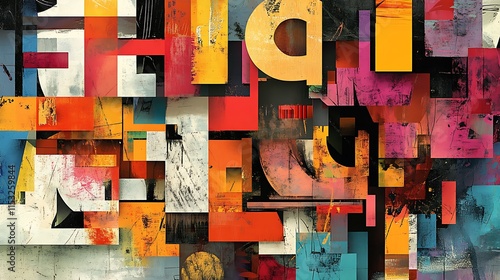Vibrant abstract artwork featuring a chaotic arrangement of colorful shapes letters for creating a dynamic energetic composition concept.
