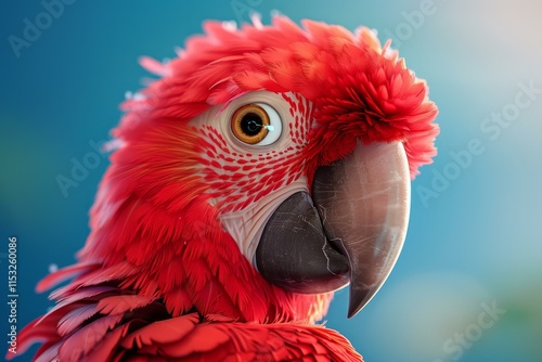 Close up portrait of a red macaw parrot showing its vibrant plumage and powerful beak against a blurred blue backdrop photo