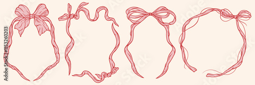 Hand drawn retro bow knots coquette frame. Retro pink ribbon border set for celebration, holiday, party. Vector illustration.