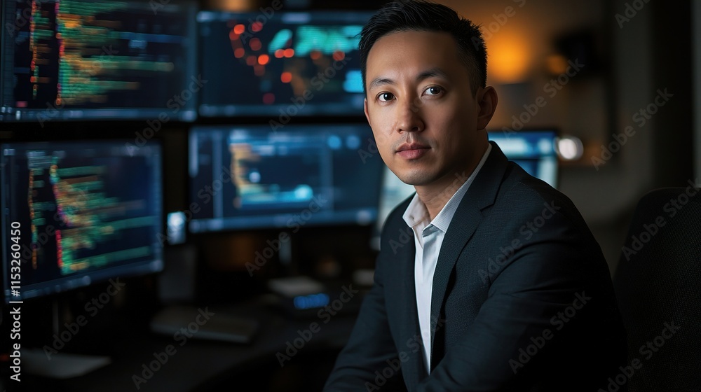 Fototapeta premium Cybersecurity Expert Monitoring Threats in a High-Tech Environment