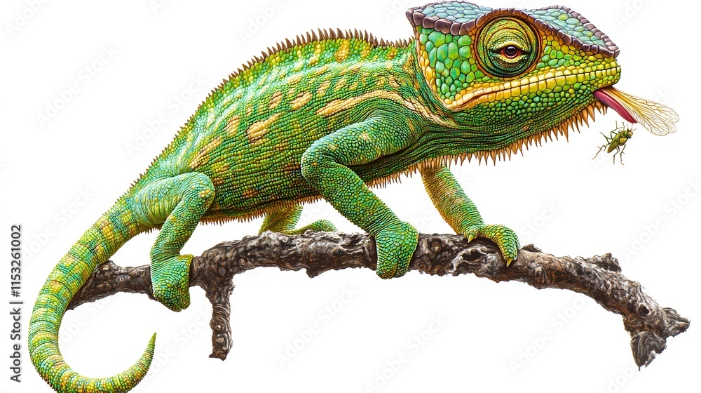 A Vibrant Chameleon Catches a Fly on a Branch A Vibrant Chameleon Catches a Fly on a Branch