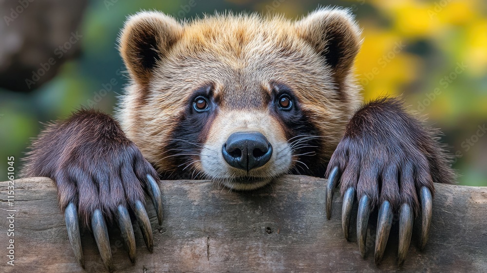 Obraz premium A close-up of a bear resting its paws on a log, showcasing its expressive eyes and claws.