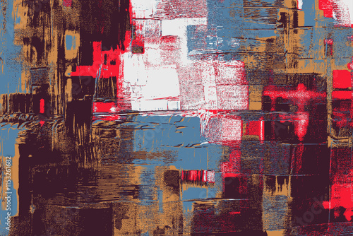 Dynamic abstract composition blending bright turquoise blue, rich brown, and vivid red, with raw textures and energetic brushwork, evoking urban art and natural balance