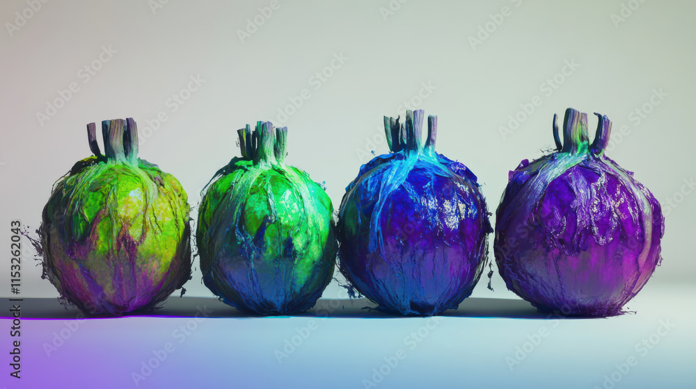 A stunning artistic display of five vegetables in a surrealistic arrangement, featuring bold neon green and electric purple tones on a pristine white background, with vibrant contrast, shimmering high A stunning artistic display of five vegetables in a surrealistic arrangement, featuring bold neon green and electric purple tones on a pristine white background, with vibrant contrast, shimmering high