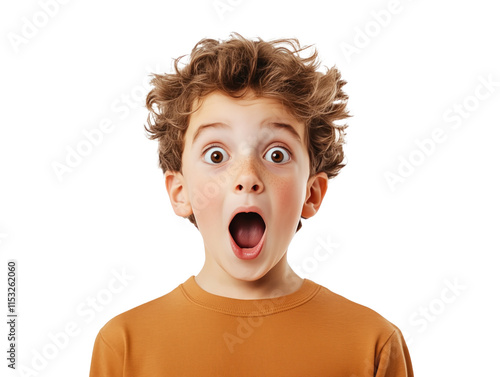 A Young Boy's Shocked and Excited Expression Captured Against a Crisp, White Background