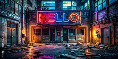 Neon Hello Text Overlay on Abandoned Urban Building, Grunge Wall Texture, Night Photography