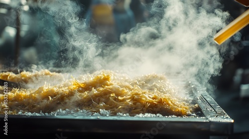 Close-up of freshly cooked pad thai on a street vendors pan, with vibrant steam rising under natural light, in 4K resolution photo