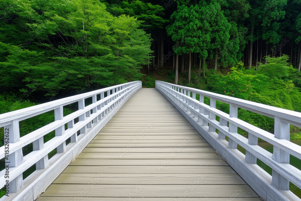 Wooden bridge leading into a lush green forest with vibrant foliage and tall trees Wooden bridge leading into a lush green forest with vibrant foliage and tall trees