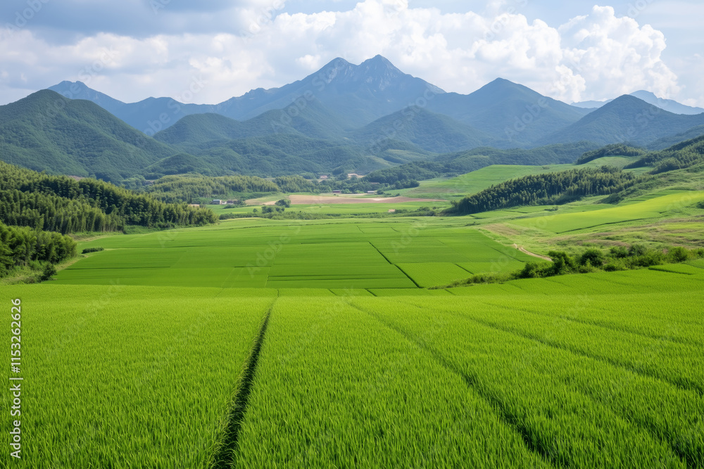 Expansive rice fields with vibrant green crops, surrounded by rolling hills and distant mountain ranges under a clear sky in Japan Expansive rice fields with vibrant green crops, surrounded by rolling hills and distant mountain ranges under a clear sky in Japan