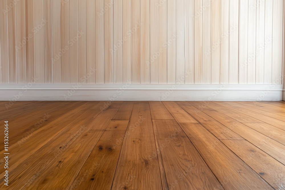 Empty interior with wooden plank flooring and vertical panel wall in warm natural tones Empty interior with wooden plank flooring and vertical panel wall in warm natural tones