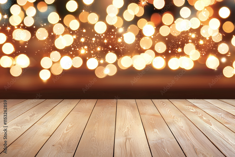 Wooden floor with a glowing golden bokeh light background creating a warm festive atmosphere Wooden floor with a glowing golden bokeh light background creating a warm festive atmosphere