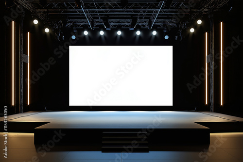 Empty stage with spotlights and Big white screen in backwall photo