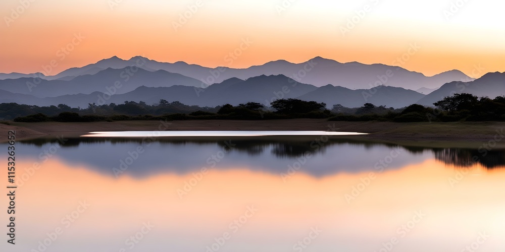 A serene landscape at dusk featuring mountains silhouetted against a colorful sky, reflecting in a calm body of water. Concept Serene Dusk Landscape, Mountain Silhouettes, Colorful Sky Reflections A serene landscape at dusk featuring mountains silhouetted against a colorful sky, reflecting in a calm body of water. Concept Serene Dusk Landscape, Mountain Silhouettes, Colorful Sky Reflections