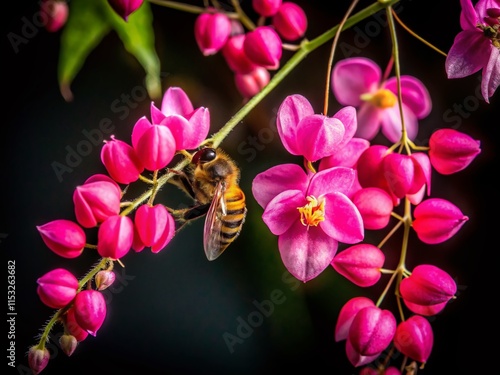 Night Bloom: Pink Confederate Vine Flower with Bee, Antigonon leptopus photo