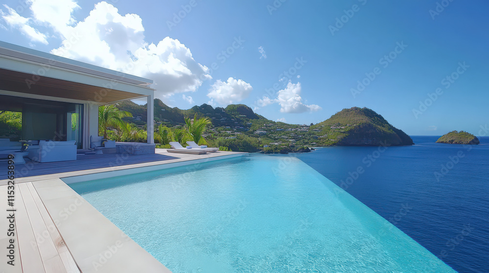 Fototapeta premium Serene luxury villa with infinity pool overlooking ocean blissful escape