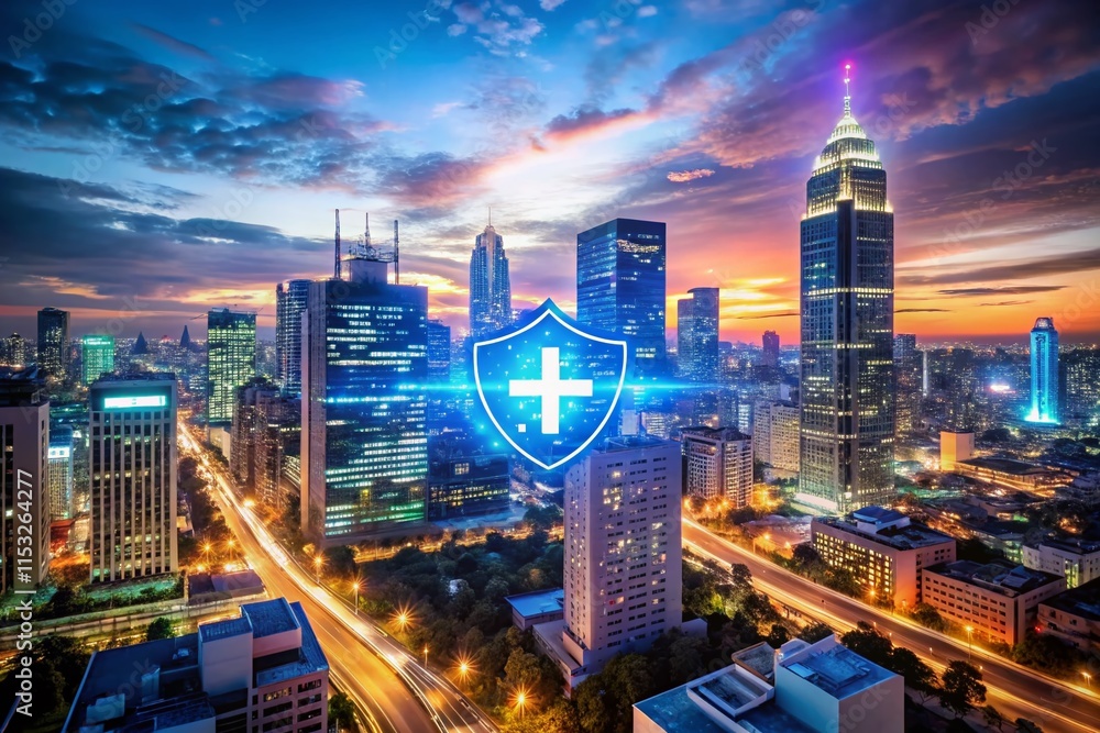 Fototapeta premium Night Cityscape Illuminated, Healthcare Security, Medical Insurance Policy Concept