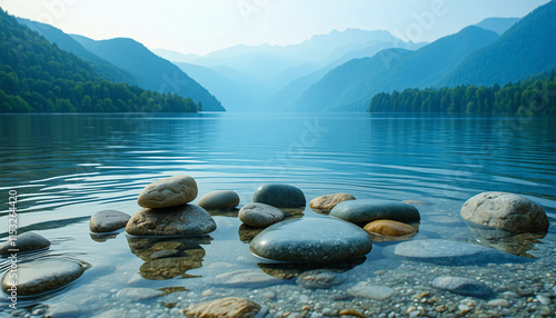 Smooth stones on tranquil water with mountains in background 