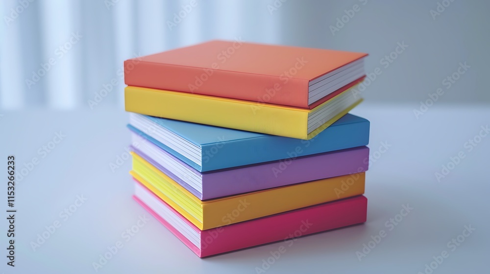 A stack of colorful hardcover books, arranged neatly on a white surface A stack of colorful hardcover books, arranged neatly on a white surface