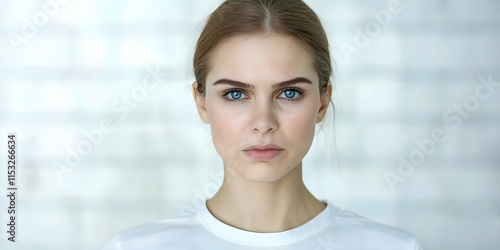 A young woman with blue eyes and long hair, staring directly at the camera against a blurred light background. Concept Portrait of Blue-Eyed Beauty, Natural Light Photography, Captivating Gaze