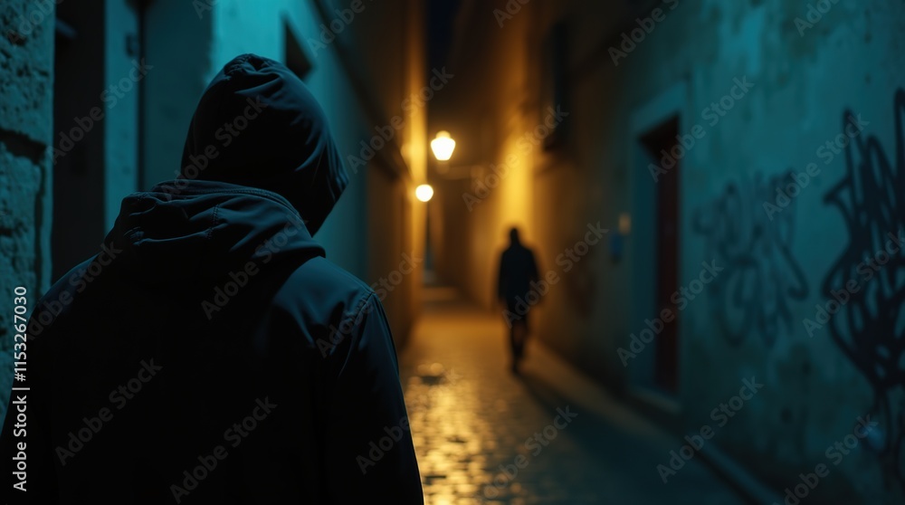 Mysterious Nighttime Alleyway Scene With Hooded Figure in Shadowy Urban Setting Mysterious Nighttime Alleyway Scene With Hooded Figure in Shadowy Urban Setting