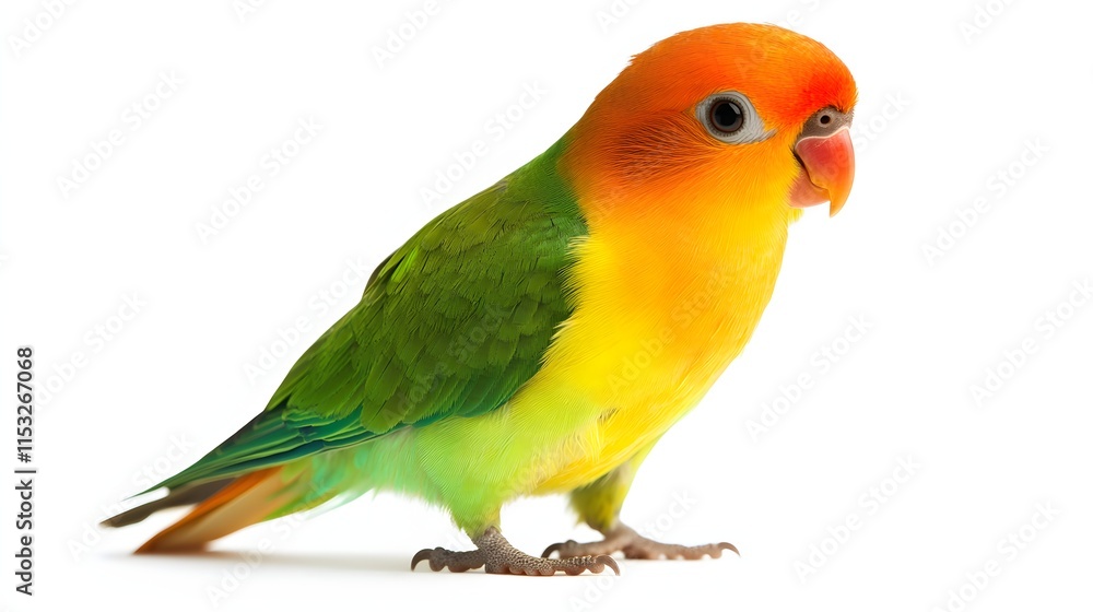 A vibrant green and orange lovebird poses against a white background A vibrant green and orange lovebird poses against a white background
