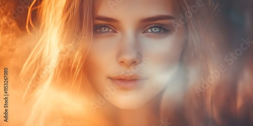 A close-up portrait of a woman with striking blue eyes and flowing hair, surrounded by a soft, ethereal glow. Concept Close-Up Portrait, Striking Blue Eyes, Flowing Hair, Ethereal Glow, Soft Lighting