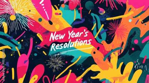 Colorful Festive Design for New Year's Resolutions Celebration with Vibrant Elements and Fun Patterns