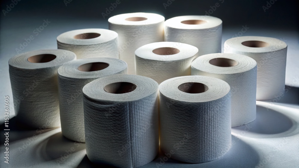 Night Photography: Stack of Pristine White Toilet Paper Rolls on White Background Night Photography: Stack of Pristine White Toilet Paper Rolls on White Background
