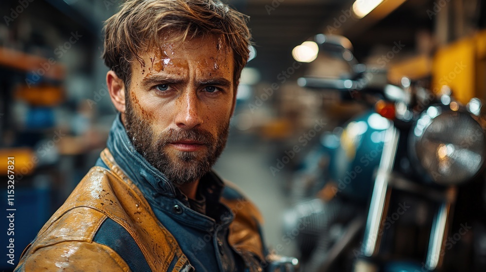A rugged man in a leather jacket stands near a motorcycle in an industrial setting. A rugged man in a leather jacket stands near a motorcycle in an industrial setting.