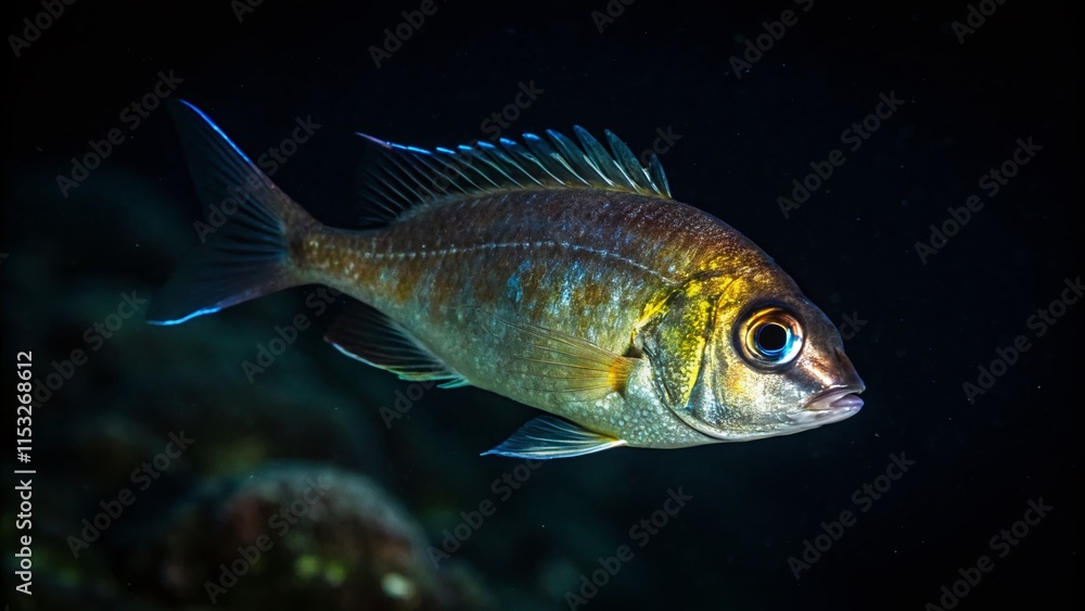 Fototapeta premium Nighttime Aquatic Portrait: Isolated Small Fish, Underwater Macro Photography