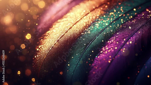 A detailed macro shot of vibrant feathers with golden glitter and glowing bokeh lights, evoking the festive and luxurious atmosphere of Mardi Gras. Ideal for themes of beauty, celebration, luxury