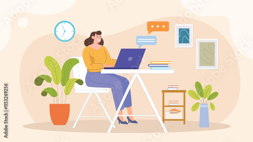 An illustration of an efficient remote work environment, showing a person working from home at a tidy desk with a laptop, notebook, and coffee cup.