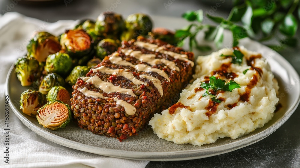 Exquisite Vegan Dining Experience - Lentil Loaf, Roasted Brussels Sprouts, and Mashed Cauliflower on Elegant Plate Presentation Exquisite Vegan Dining Experience - Lentil Loaf, Roasted Brussels Sprouts, and Mashed Cauliflower on Elegant Plate Presentation
