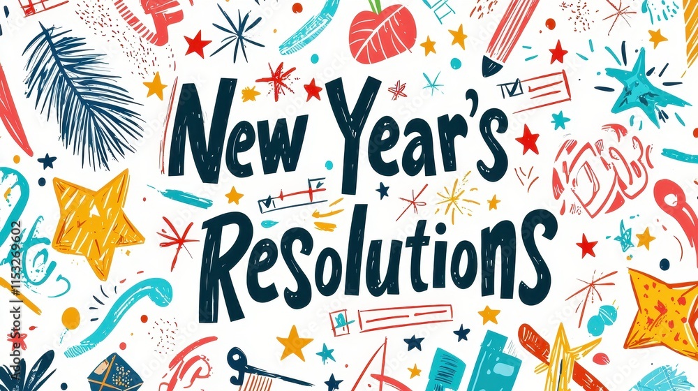 Colorful Illustration of New Year's Resolutions with Creative Elements for Motivation and Reflection Colorful Illustration of New Year's Resolutions with Creative Elements for Motivation and Reflection