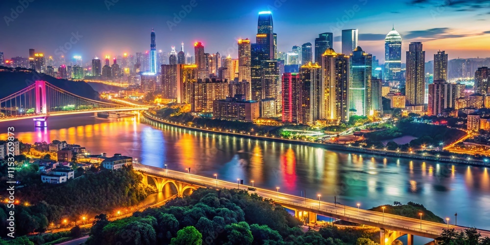 Fototapeta premium Night View of Chongqing Skyline, Illuminated Buildings & Cityscape, China