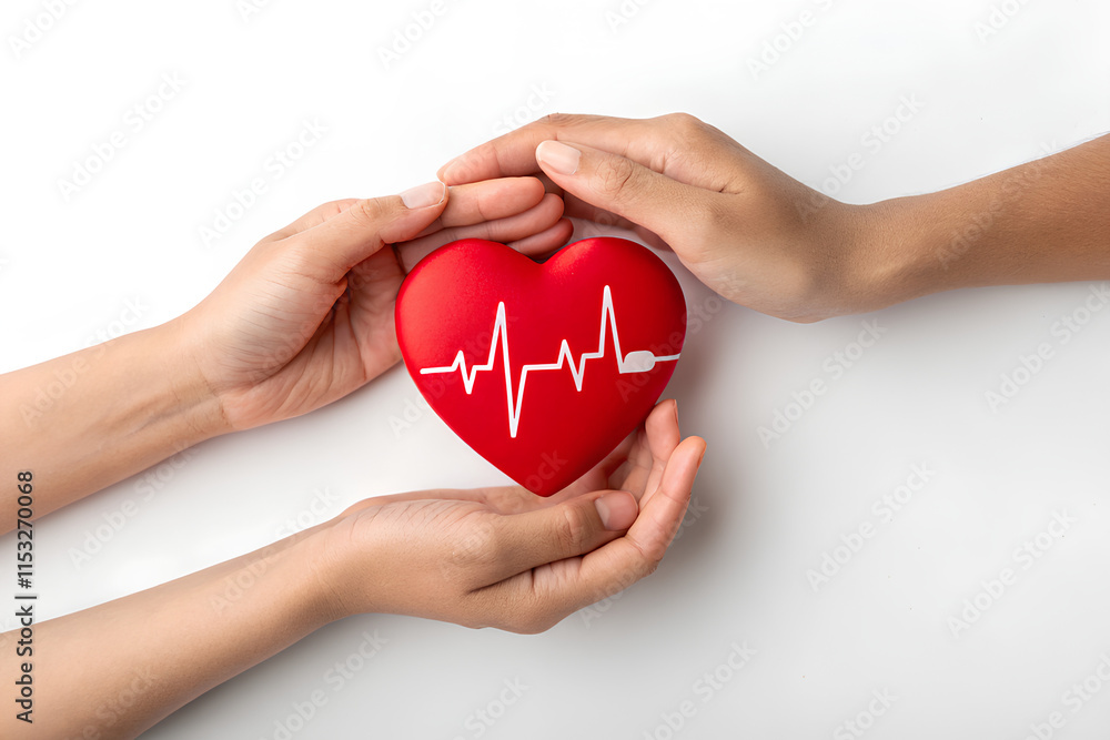 Obraz premium Close up - Hands holding Red heart, valentine day, world heart day, heart health concept, Cut out - on isolated white background