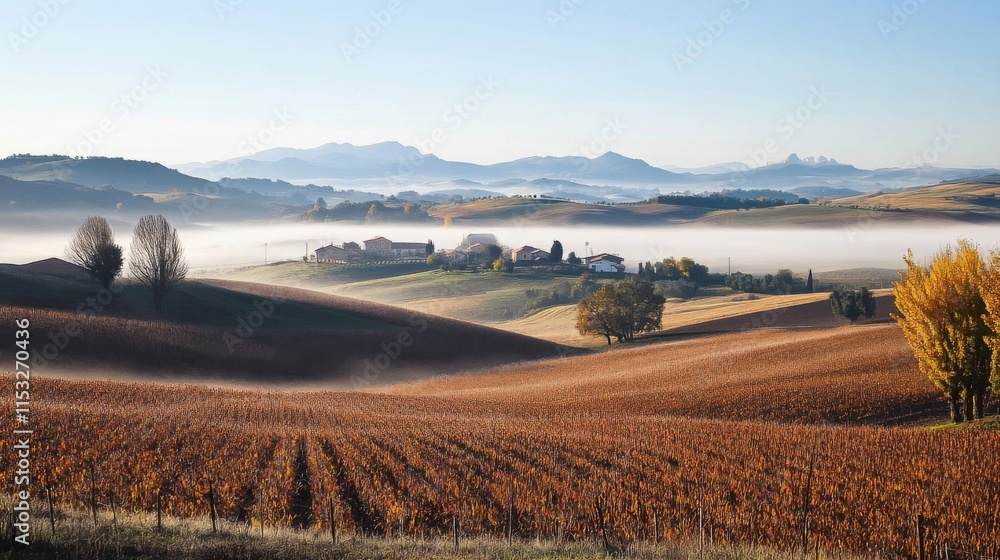 Obraz premium Tuscan Hills Vineyard Autumn Mist Morning