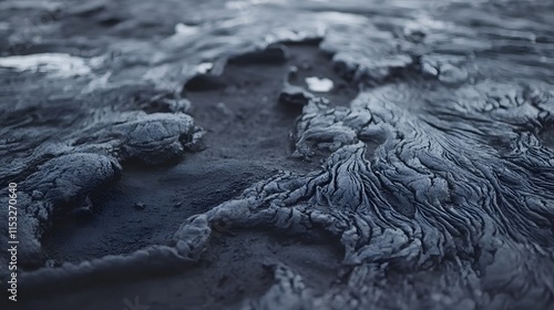 Close-up of volcanic ash patterns on a black sand plain, creating intricate natural textures, in 4K resolution