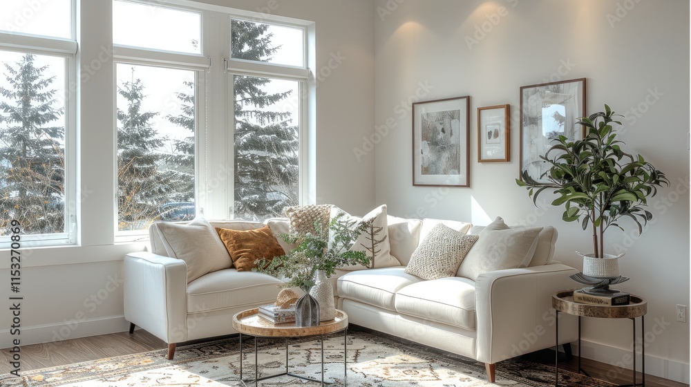 A bright, minimalist living room with a white sofa, patterned rug, a small side table, and three framed pictures on the wall. Large windows allow natural light to flood the space. A bright, minimalist living room with a white sofa, patterned rug, a small side table, and three framed pictures on the wall. Large windows allow natural light to flood the space.